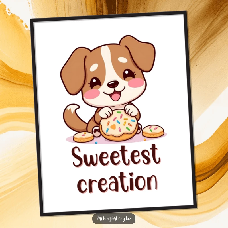 Funny poster art of a dog with its tail wagging, excitedly decorating a cookie with colorful sprinkles.