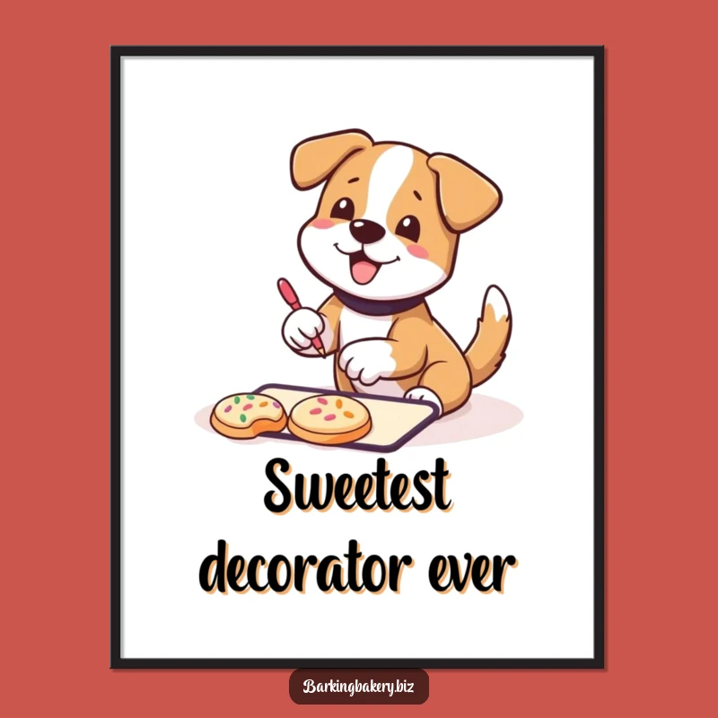 Funny Cookie Decorating Dog Poster: Happy Pup Wagging Tail - Humorous Wall Art