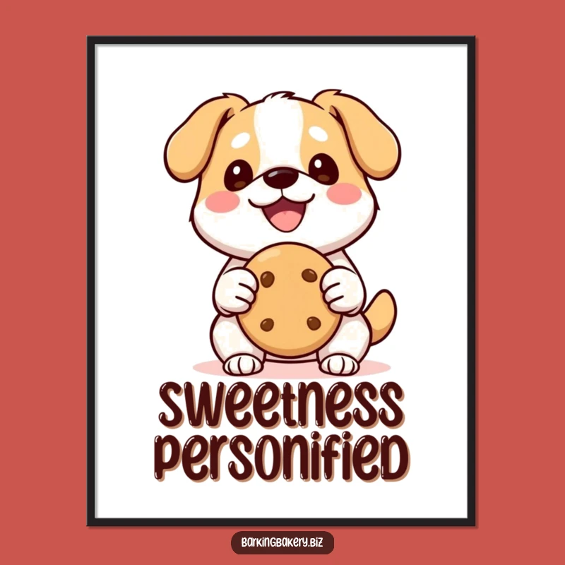 Funny Kawaii Dog Cookie Poster: Happy Pup with Cookie, Cute Wall Art and Funny Gift