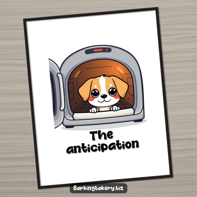 Funny poster art of a dog peeking with eager eyes into a warm, inviting oven.