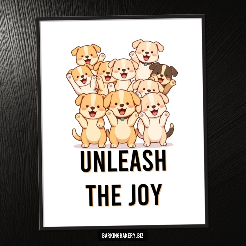 Funny Dog Cheer Squad Poster: Various cute dogs with paws raised cheer enthusiastically, creating a vibrant and joyful piece.