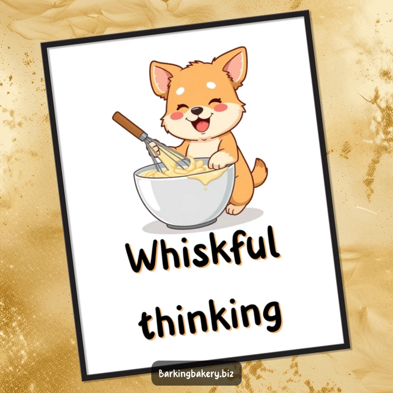 Funny dog poster featuring an energetic dog holding a large whisk, vigorously mixing batter in a bowl, dynamic kitchen art.