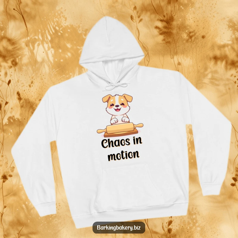 Funny dog hoodie with a dog playfully batting at a rolling pin with a big grin, a baker's assistant.