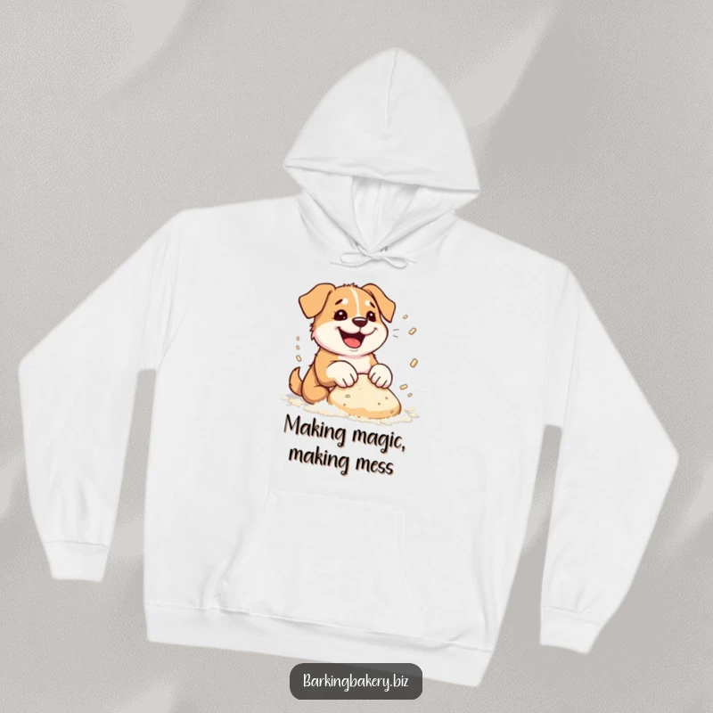 Funny dog hoodie depicting a happy dog enthusiastically kneading dough, sending clouds of flour into the air.