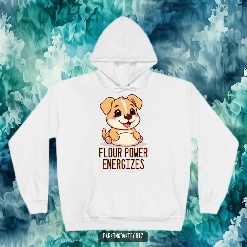 Funny Hoodie: A dog covered in flour, happily shaping dough with an endearing and mischievous expression, ready for cozy baking.