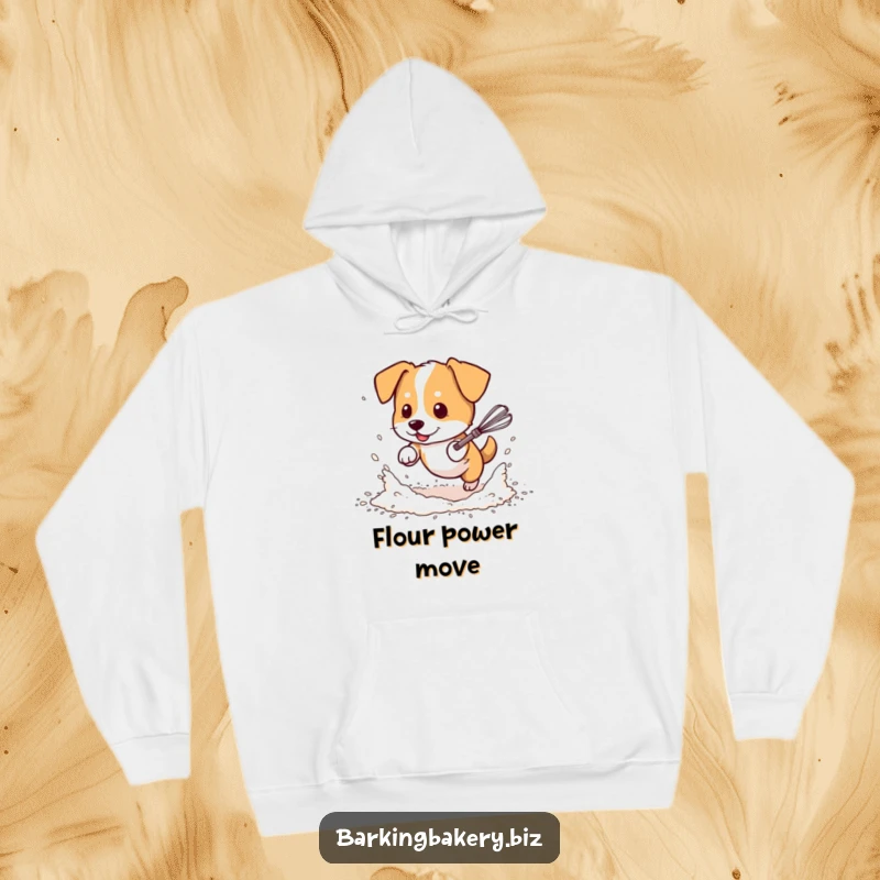 Funny dog hoodie, a dog happily covered in flour chases a dancing whisk, perfect for cozy humor and baking fans.