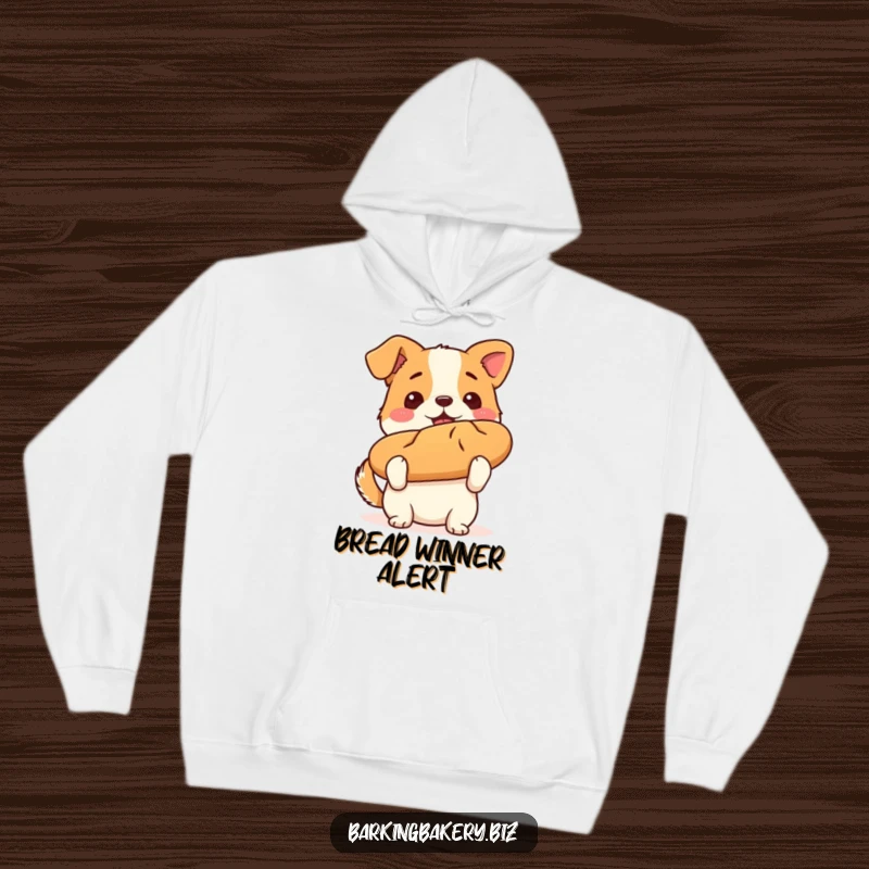 Funny dog hoodie depicting a happy puppy triumphantly holding a freshly baked loaf of bread, celebrating baking mastery.
