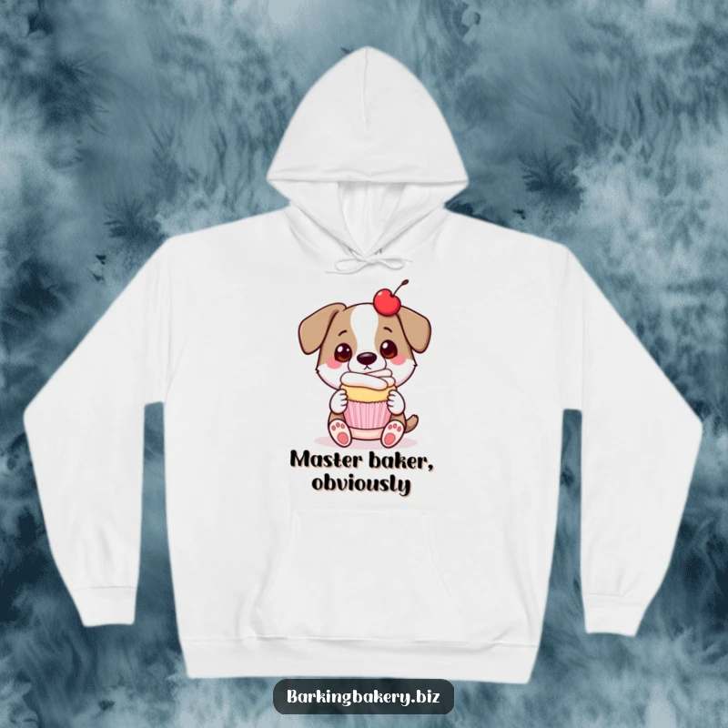 Funny dog hoodie showing a proud dog presenting a cupcake with a cherry on top, radiating sweetness and pride.