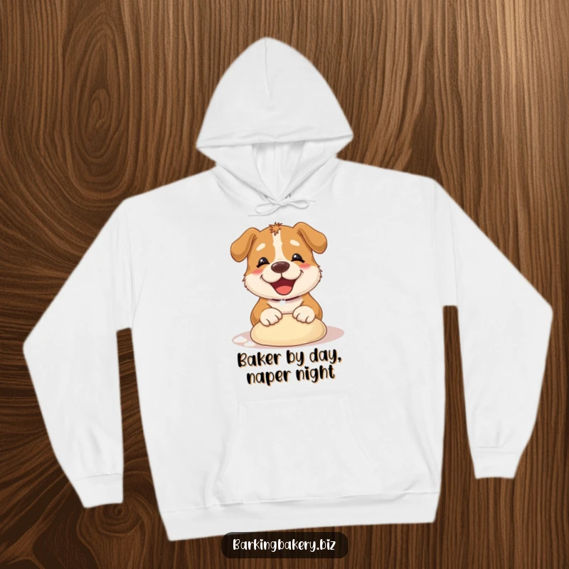 Funny Dog Hoodie: A happy dog covered in flour, joyfully kneading dough, perfect for bakers. Adorable gift.