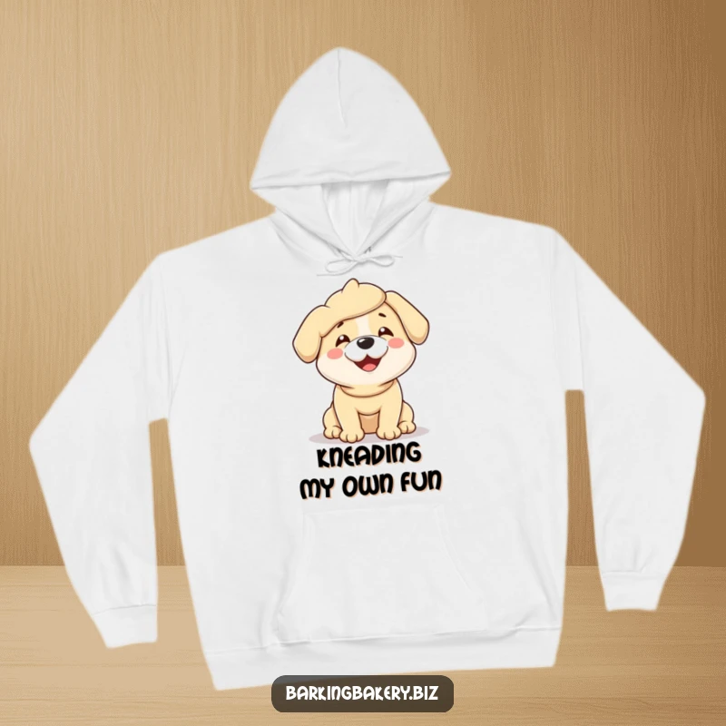 Funny hoodie depicting a dog fully coated in soft dough, wiggling with sheer happiness and playful abandon.