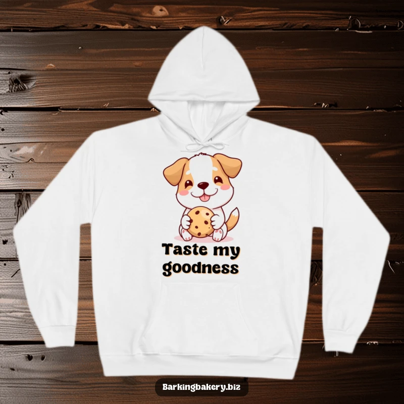 Funny dog hoodie, a happy dog proudly offers a perfectly shaped cookie, warm and humorous for chilly days, a delightful gift.