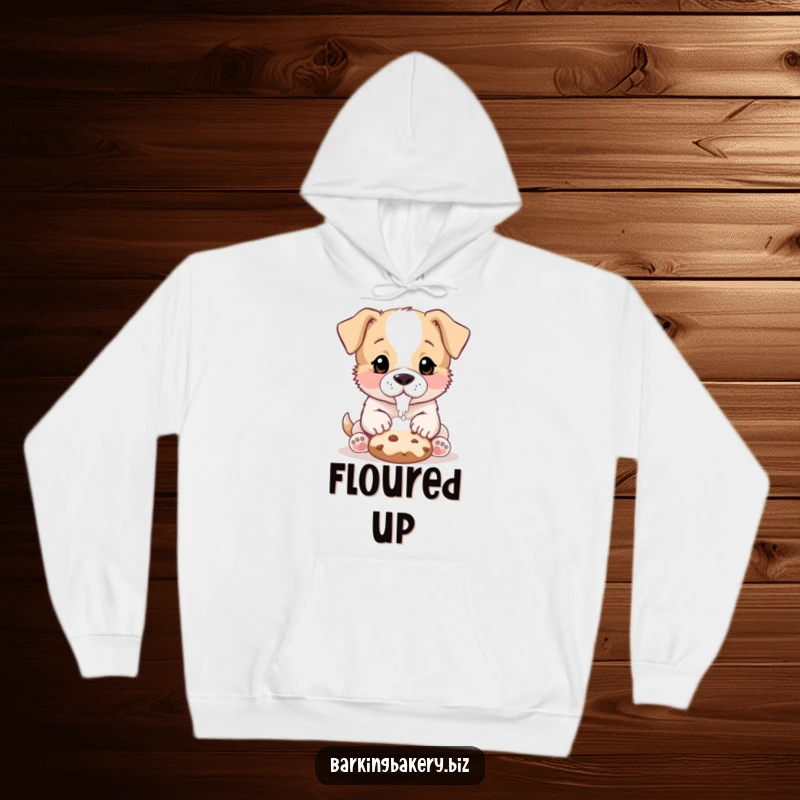 Funny Puppy Baker Hoodie: A delightful puppy with flour on its nose gently pats a cookie, perfect for cozy days.