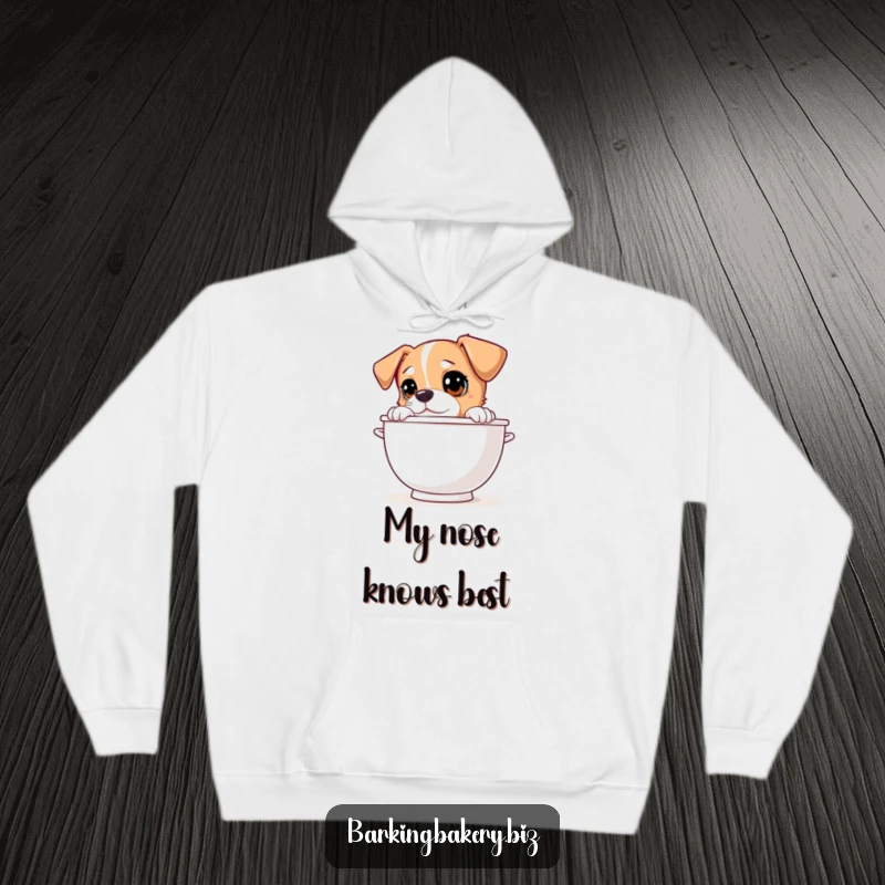 Funny dog peeking over a giant mixing bowl with curious eyes, featured on a soft and warm hoodie.