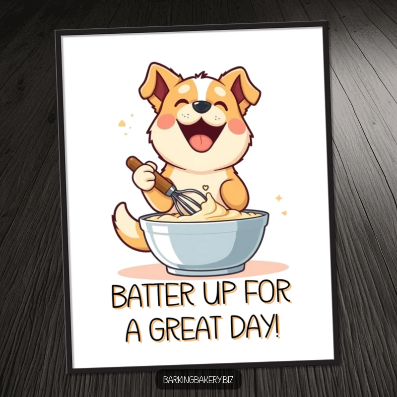 Funny Free Printable Wall Art: Dog joyfully whisking batter with a happy expression, a humorous piece for kitchen decor.