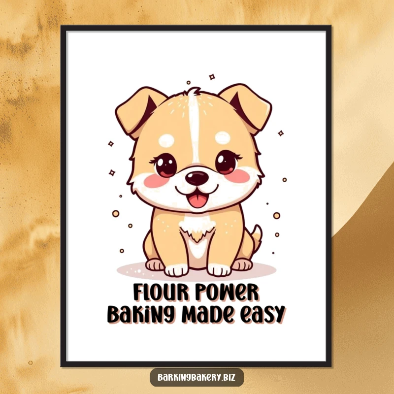 Funny Free Printable Wall Art: Cheerful dog covered in a delightful cloud of flour, captured mid-sprinkle with a happy expression.