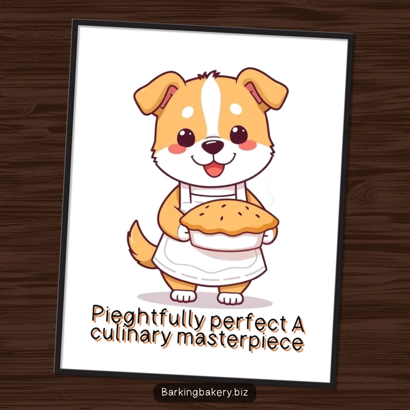 Funny Free Printable Wall Art: Cute dog in apron proudly holds a perfectly baked, steaming pie, ready to serve.