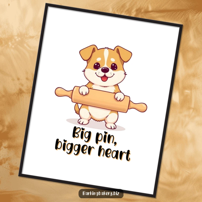 Funny Free Printable Wall Art: A determined dog comically using a rolling pin that is comically larger than its body.