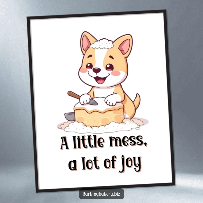 Funny Free Printable Wall Art: A comical dog covered in flour, proudly displaying a lopsided homemade cake.