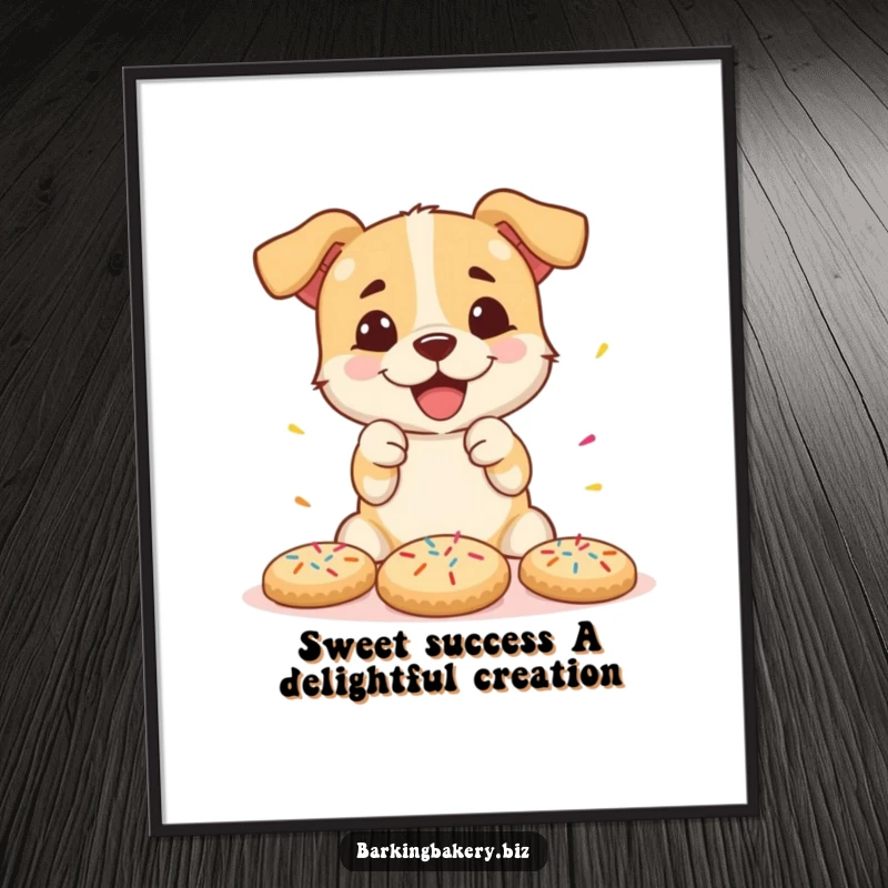 Funny Free Printable Wall Art: Goofy dog joyfully decorating a pile of cookies, covered in a delightful mess of sprinkles.
