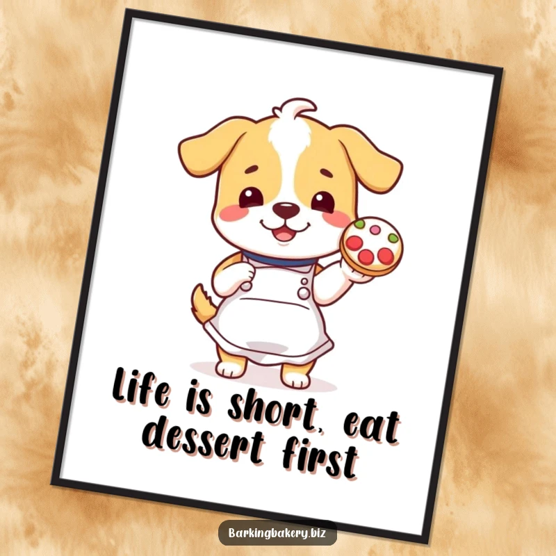 Funny Free Printable Wall Art: A cheerful dog wearing an apron proudly showcases a decorated cookie, bringing baking joy.