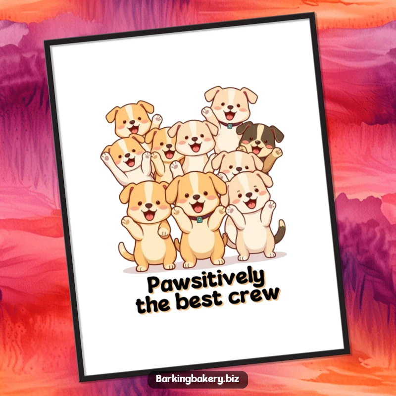 Funny Free Printable Wall Art: A group of various cute dog characters joyfully cheering with paws raised in celebration.