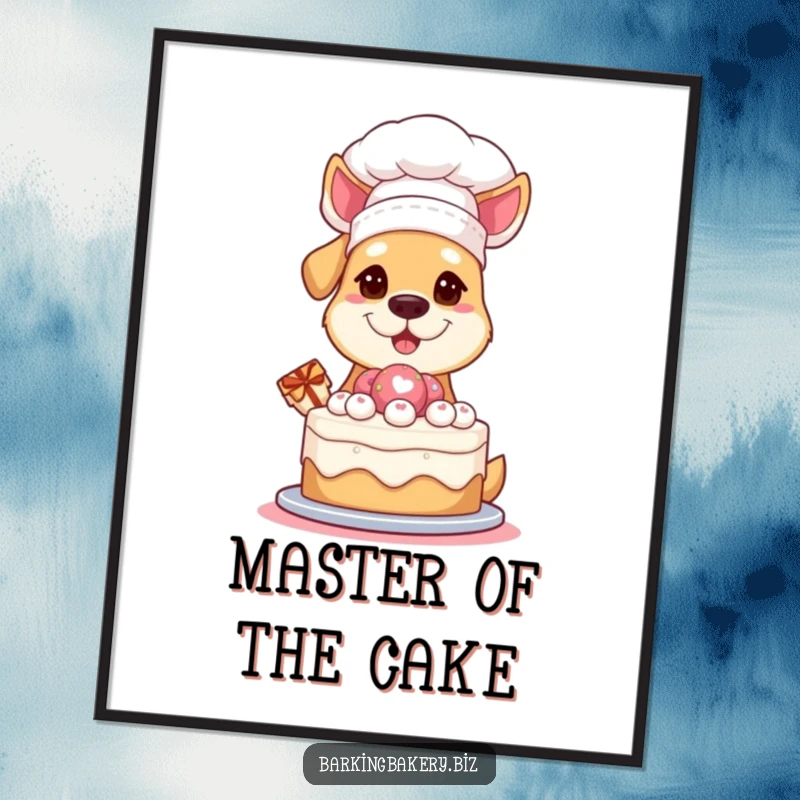 Funny Free Printable Wall Art: A dog in a chef hat proudly displays a freshly baked cake, kitchen masterpiece.