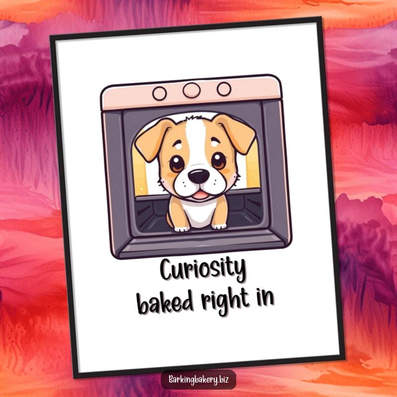 Funny Free Printable Wall Art: A dog with curious eyes intently peeks into an oven, a true foodie.