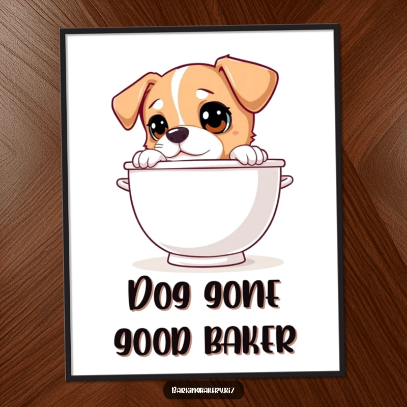 Funny Free Printable wall art: A dog peeks over a giant mixing bowl with wide, curious eyes, adding a touch of whimsy.