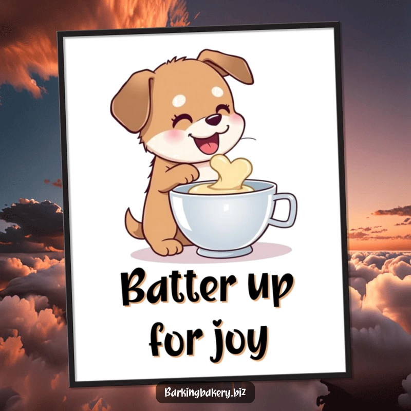 Free printable wall art: a dog joyfully sampling batter from a mixing bowl, a humorous and relatable scene.