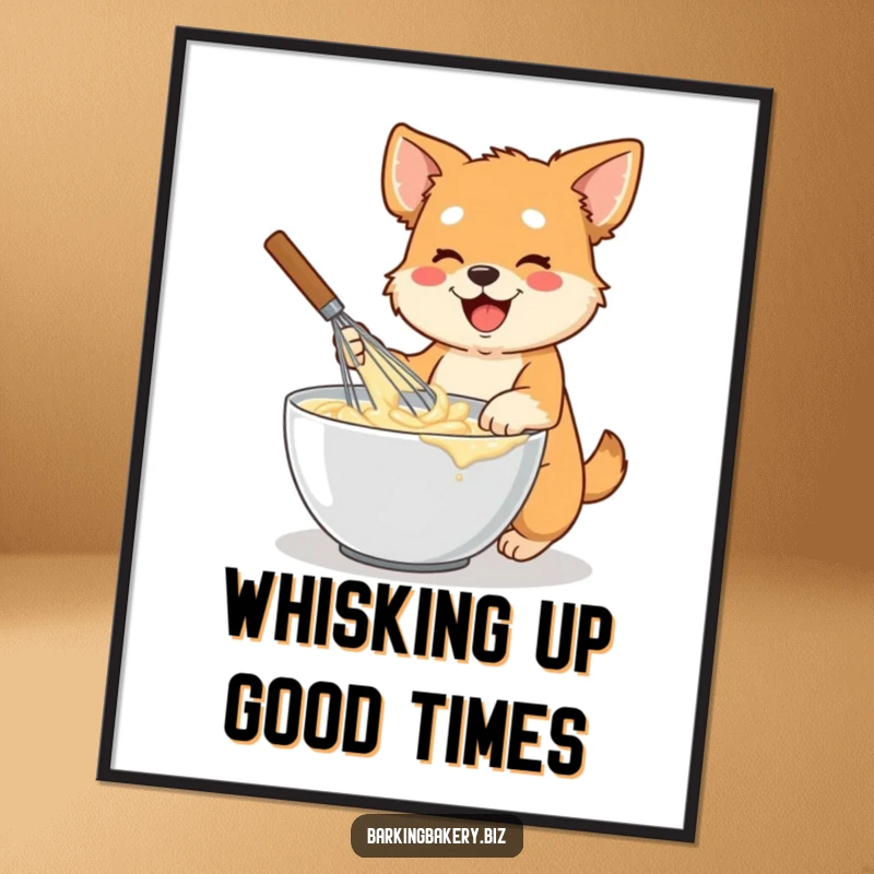 Funny Free Printable Wall Art: Dog energetically mixing batter in a bowl with a large whisk, a kitchen whirlwind.