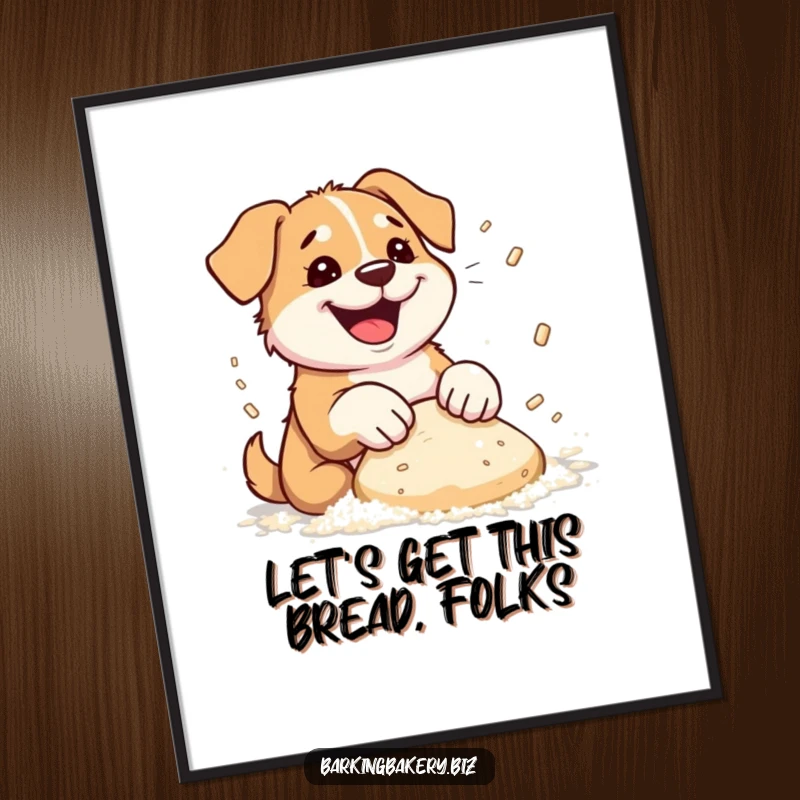Funny Free Printable Wall Art showing a dog joyfully covered in flour while enthusiastically kneading dough.