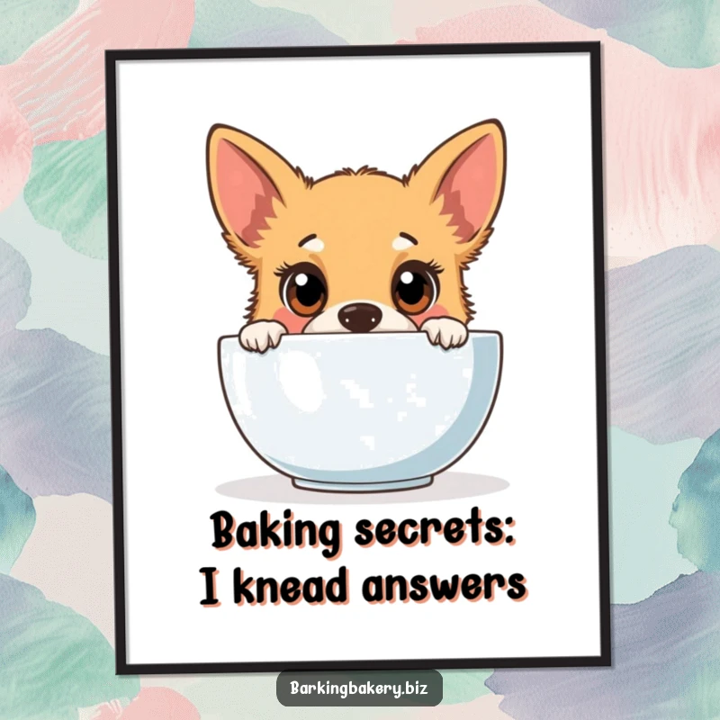 Funny Free Printable Wall Art: Dog baker with wide curious eyes peeking into a mixing bowl, a humorous kitchen decoration.