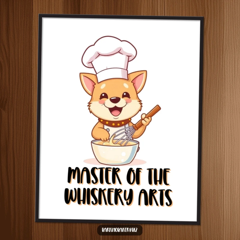 Funny Free Printable Wall Art depicting a happy dog chef in a tall hat, enthusiastically whisking a bowl of batter.