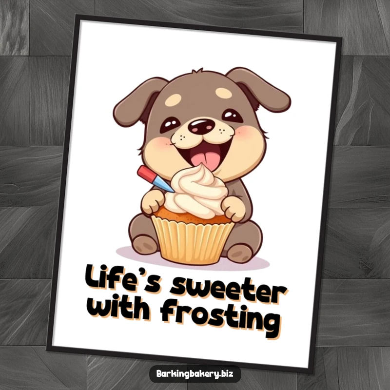 Funny Free Printable Wall Art: Dog gleefully frosting a cupcake with a big happy expression, a sweet treat creator.
