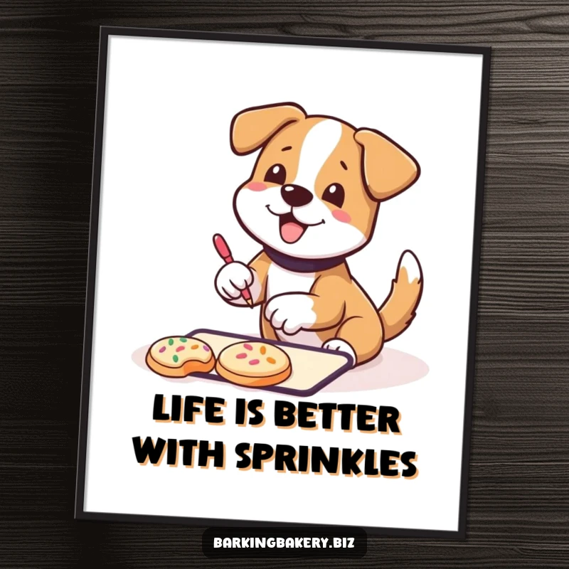 Funny Free Printable Wall Art: A dog joyfully decorates cookies with sprinkles, adding sweetness to any room.
