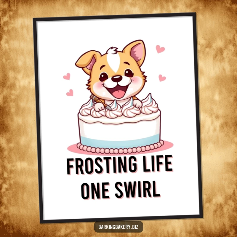 Funny Free Printable Wall Art: A cute dog gleefully decorating a cake with vibrant frosting swirls, looking artistic.