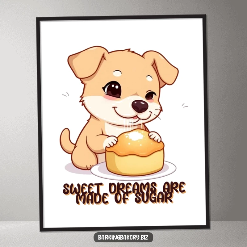 Free printable wall art: a dog winks while sprinkling sugar onto a freshly baked treat, a playful and sweet scene.