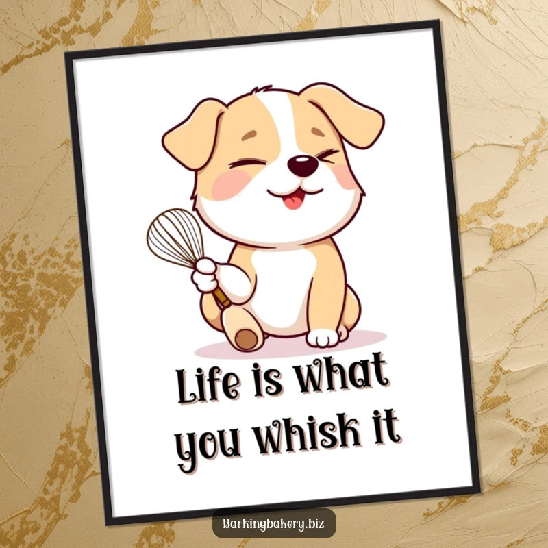 Funny Free Printable Wall Art: A dog playfully winks while holding a whisk in its paw, suggesting culinary fun and mischief.
