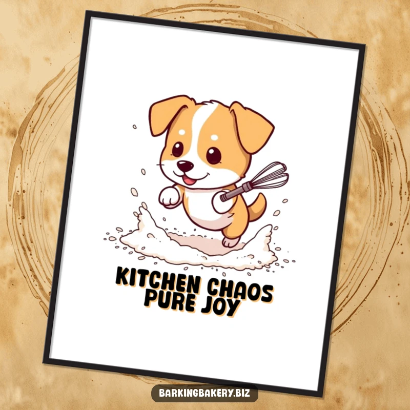 Funny Free Printable Wall Art of a dog in scattered flour chasing a whimsical dancing whisk.