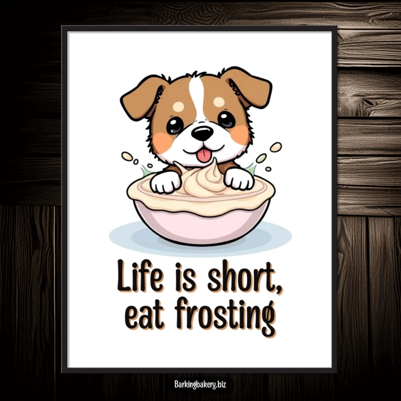 Funny Free Printable Wall Art: a dog happily splashing around in a big bowl of frosting, a humorous downloadable art.