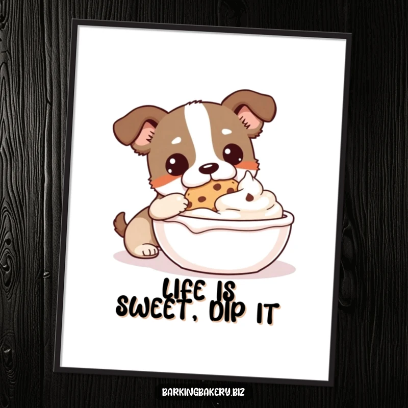 Funny Free Printable Wall Art depicting a dog joyfully dipping a cookie into a huge bowl packed with delicious, smooth frosting.