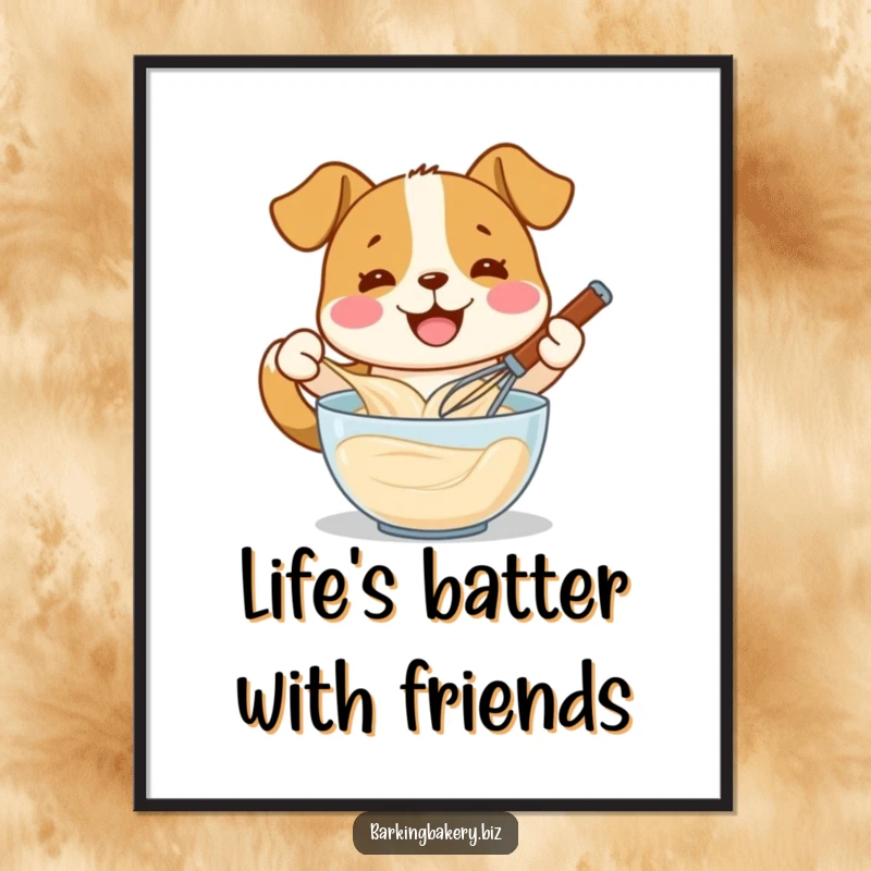 Funny Free Printable Wall Art: Dog with wide smile enthusiastically whisking batter in a bowl, joyful downloadable art.