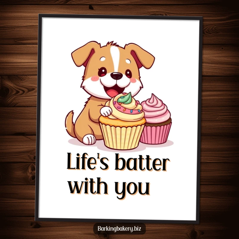 Funny Free Printable Wall Art: Adorable dog with frosting-covered paws, excitedly decorating a cupcake for a whimsical vibe.
