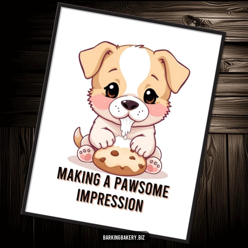 Funny Free Printable Wall Art showing a sweet puppy with a flour-covered nose, gently patting a delicious baked cookie.