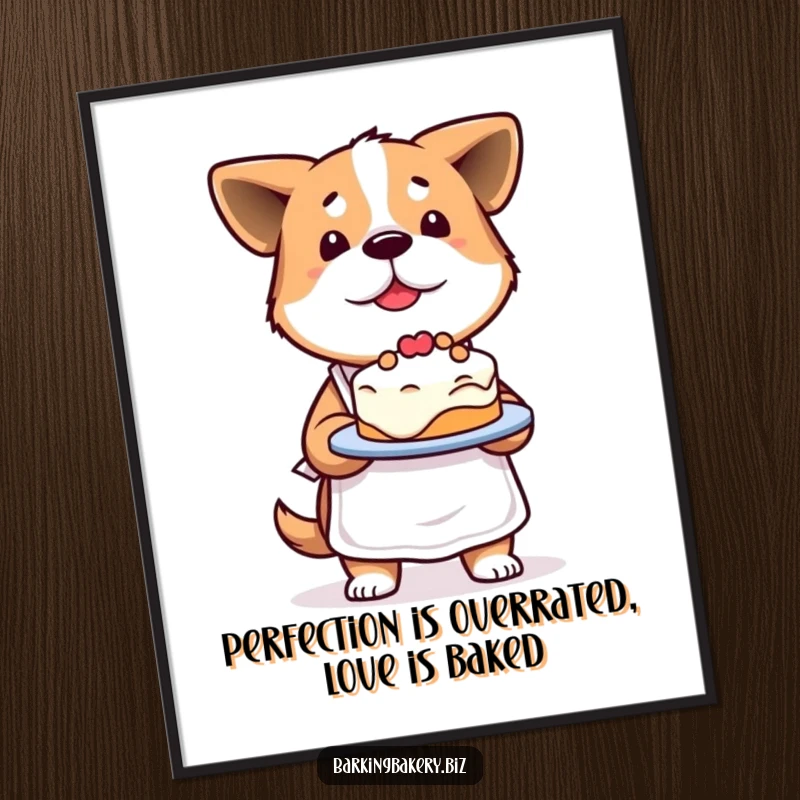 Funny Free Printable Wall Art: A determined dog wearing an apron proudly displays a slightly lopsided cake with a happy look.