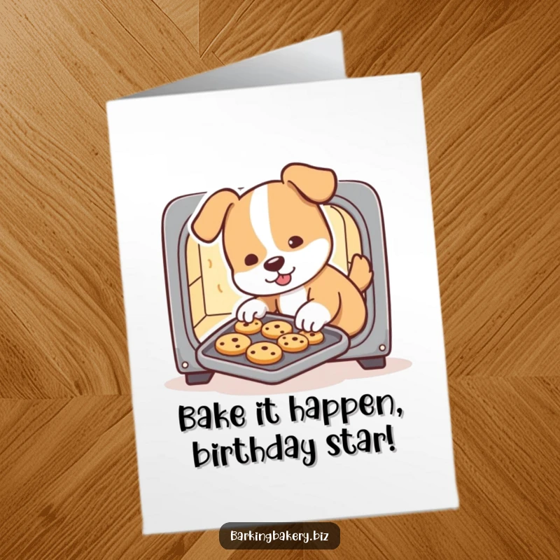 Funny Free Printable Birthday Card of a dog sliding cookies from a tiny oven, baking with joy.