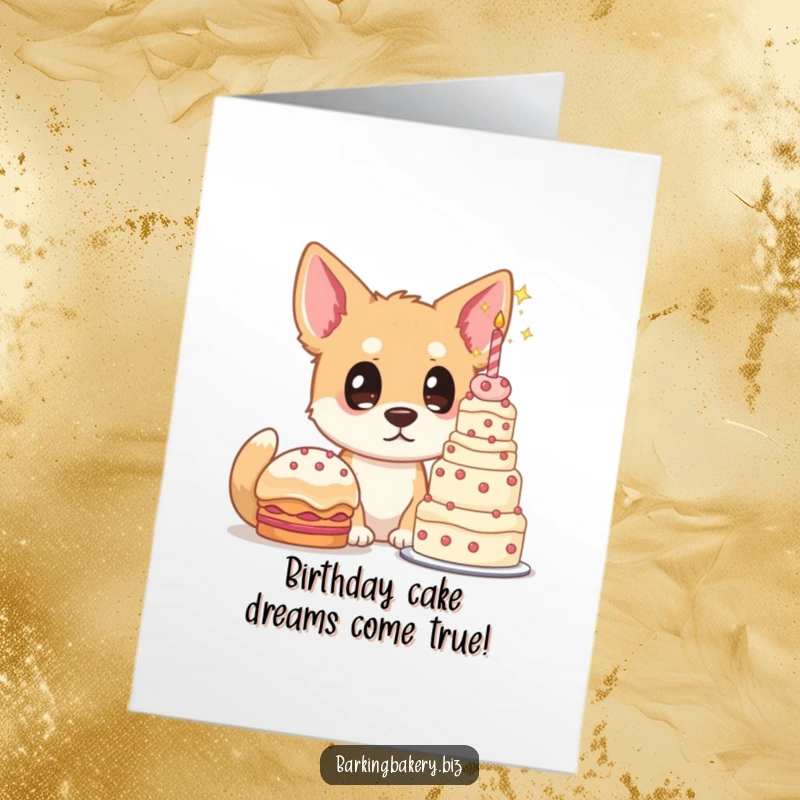 Funny Free Printable Birthday Card: A dog with starry eyes gazes in wonder at a huge, delicious cake.