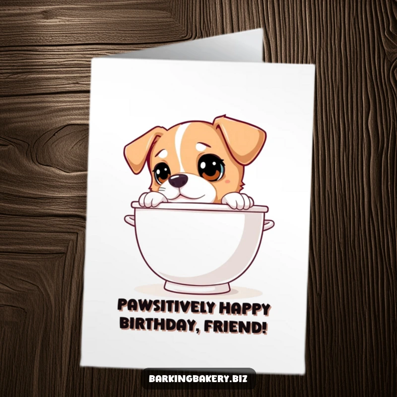 Funny Free Printable birthday card: A dog peeks over a giant mixing bowl with curious eyes, hoping for birthday treats. Download now!