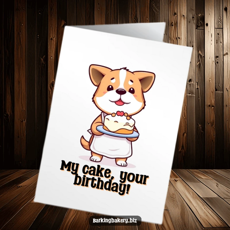 Funny Free Printable Birthday Card: Determined dog in apron proudly presents a slightly lopsided cake with a happy grin.