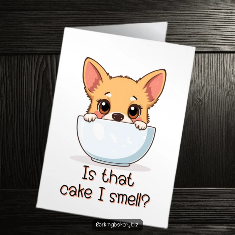 Funny Free Printable Birthday Card: Dog baker with wide curious eyes peeking into a mixing bowl, ready for cake.